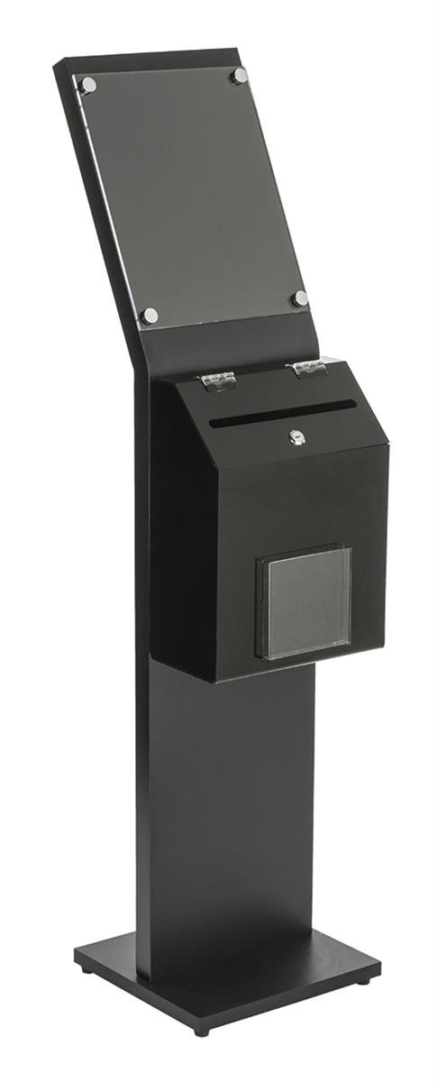 Displays2go Locking Donation Station, Ballot Box with 8.5 x 11-Inch Sign Holder Kiosk (Black) (SSB811BKBK)