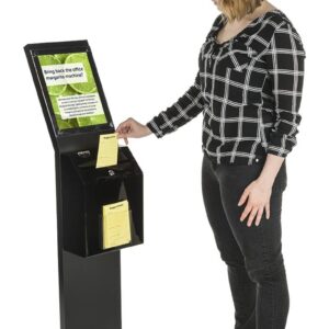 Displays2go Locking Donation Station, Ballot Box with 8.5 x 11-Inch Sign Holder Kiosk (Black) (SSB811BKBK)