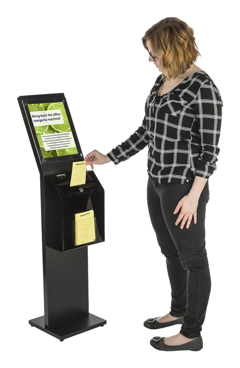 Displays2go Locking Donation Station, Ballot Box with 8.5 x 11-Inch Sign Holder Kiosk (Black) (SSB811BKBK)