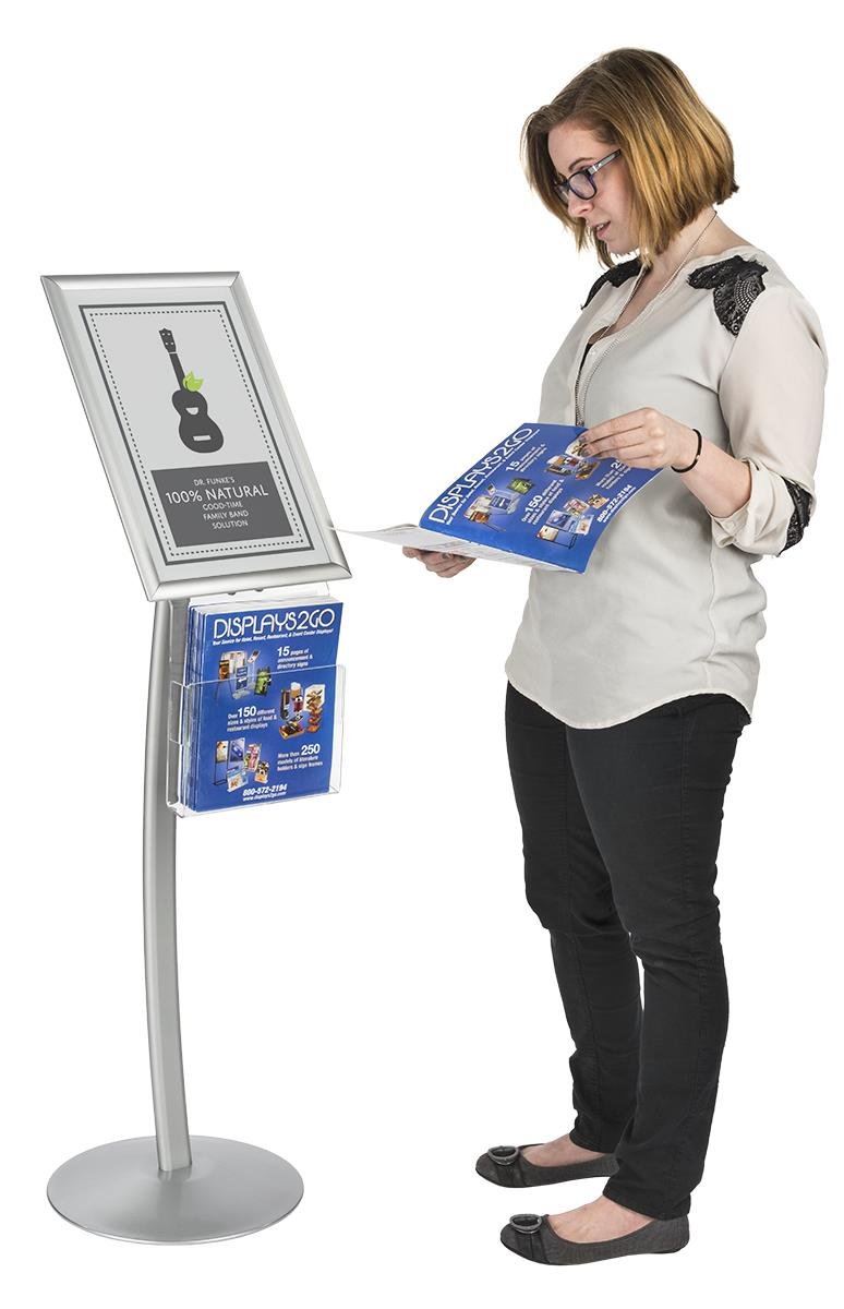 Displays2go CMB17NGW Floor Sign Stand with Literature Pocket, Snap Frame for 11x17-Inch Poster, Silver