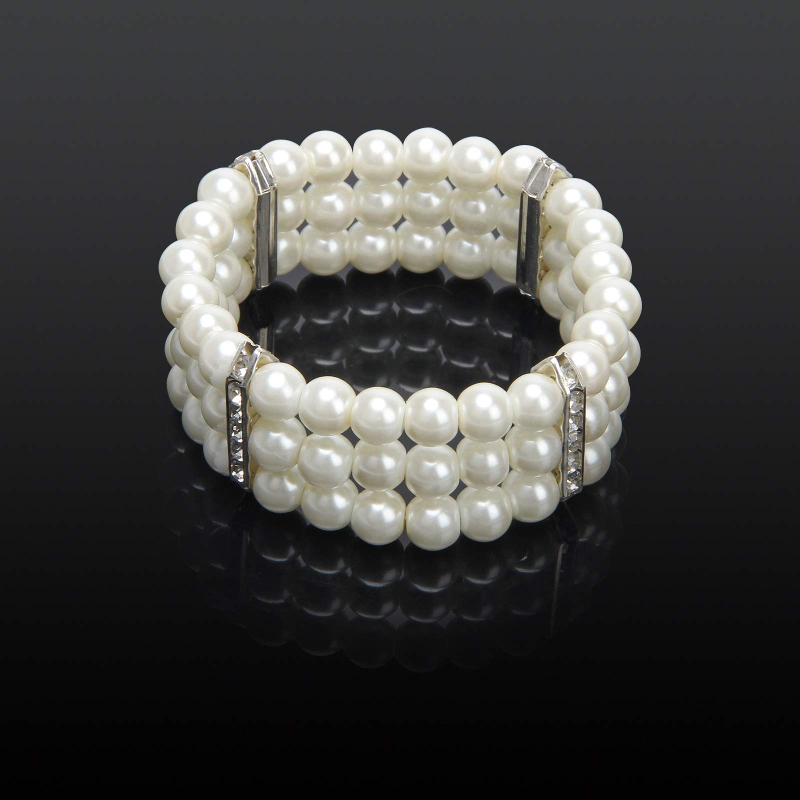 Coolrunner Ladies 3 Rows Faux Pearls Accent Off White Stretch Wrist Bracelet Jewelry