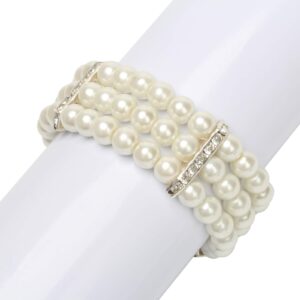 Coolrunner Ladies 3 Rows Faux Pearls Accent Off White Stretch Wrist Bracelet Jewelry