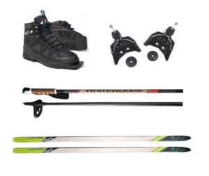 whitewoods adult 75mm 3-pin cross country ski package, 157cm - skis, boots, bindings, poles (40, 90-120 lbs.)