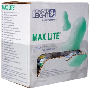 howard leight lpf30 max lite corded earplugs, green, pack of 100 pairs