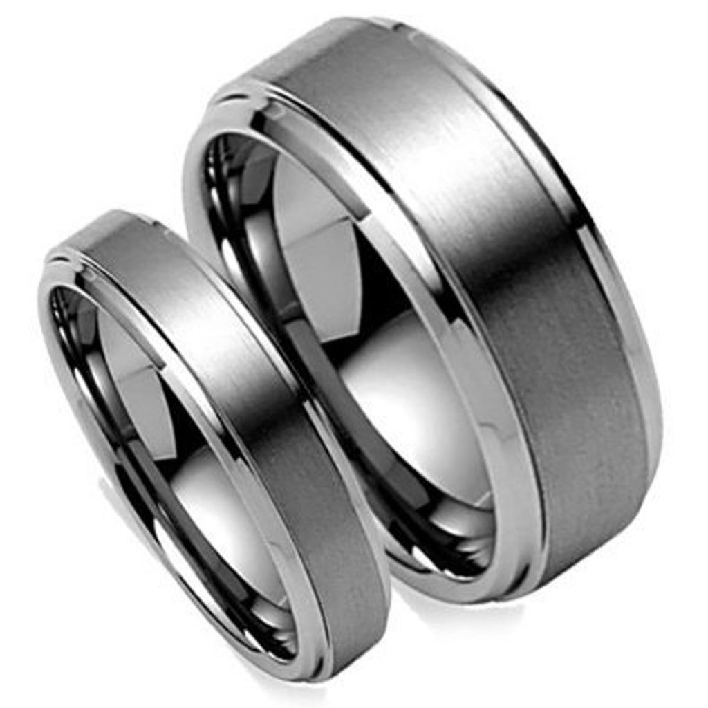 Tungsten Ring Free Personalized Laser Engraving Ring for Men and Ring for Women His & Her's Brush Center Step Edge Tungsten Carbide Mens Wedding Band Ring Set Rings for Couples