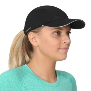 trailheads women's race day performance running cap, lightweight & quick drying mesh sports hat with reflective trim - black