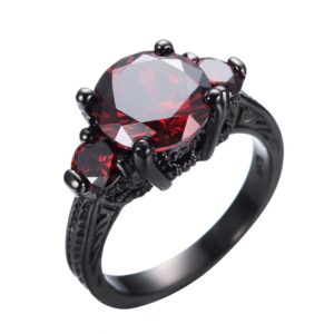 junxin® black gold round cut three-stone ruby diamond ring cubic zirconia size6/7/8/9/10(8)