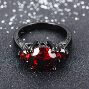 JunXin® Black Gold Round Cut Three-stone Ruby Diamond Ring Cubic Zirconia Size6/7/8/9/10(10)