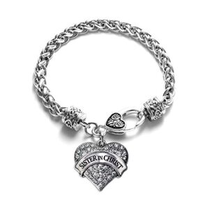 inspired silver - sister in christ braided bracelet for women - silver pave heart charm bracelet with cubic zirconia jewelry