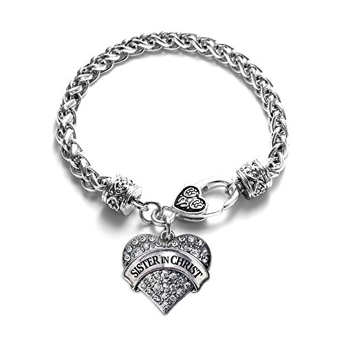 Inspired Silver - Sister in Christ Braided Bracelet for Women - Silver Pave Heart Charm Bracelet with Cubic Zirconia Jewelry