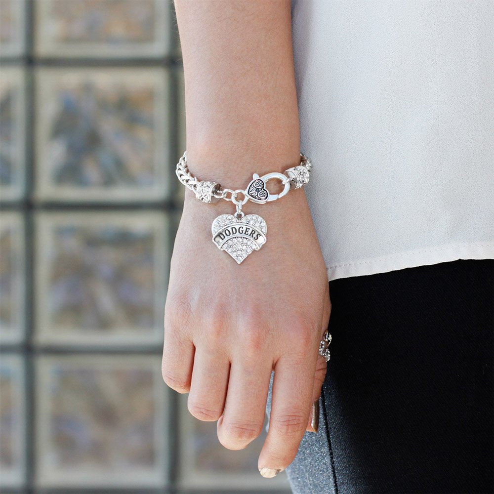 Inspired Silver - Dodgers Braided Bracelet for Women - Silver Pave Heart Charm Bracelet with Cubic Zirconia Jewelry