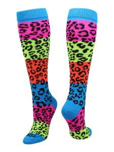 tck neon rainbow fun print otc socks (leopard print, small)