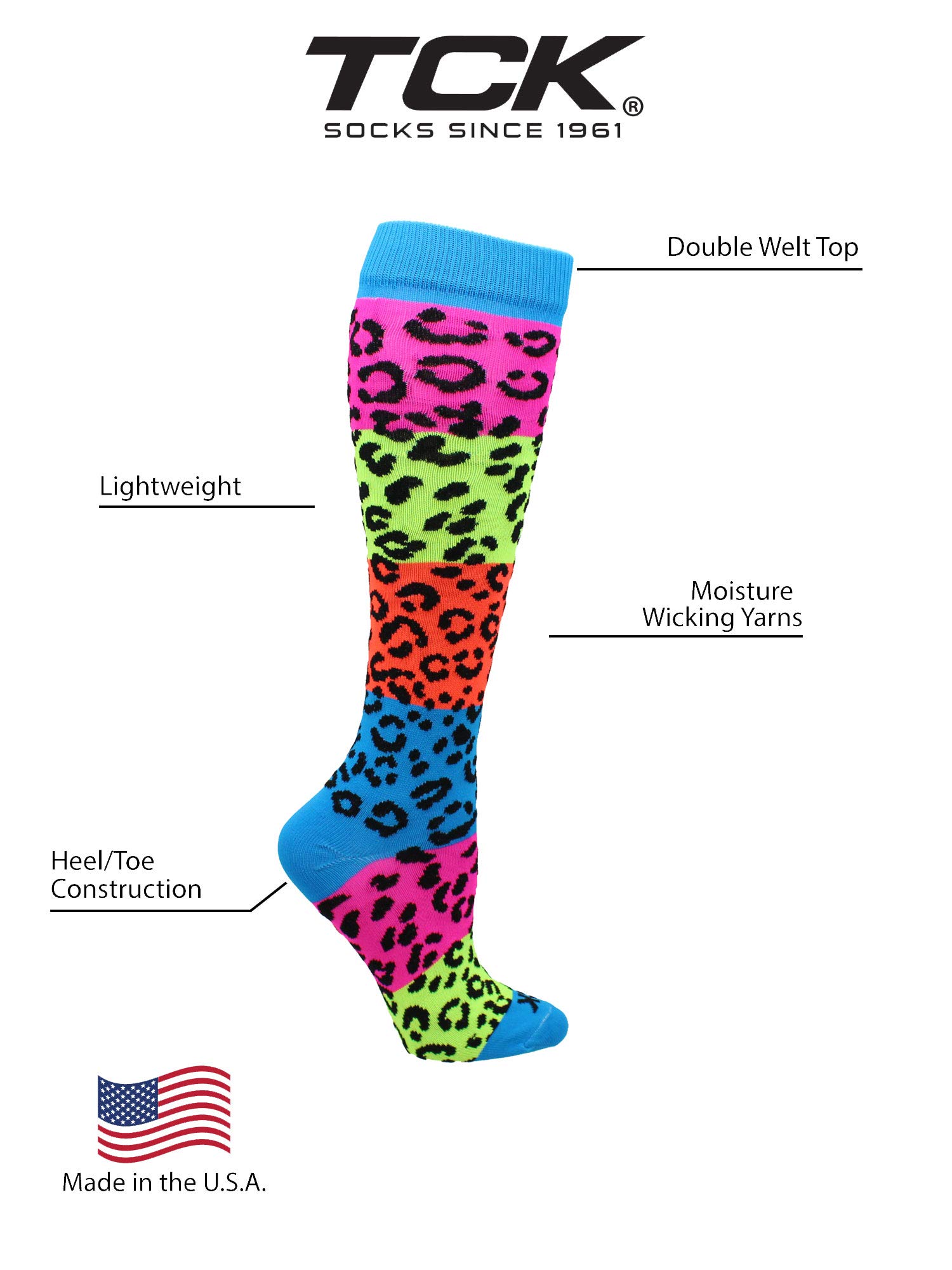 TCK Neon Rainbow Fun Print OTC Socks (Leopard Print, Small)