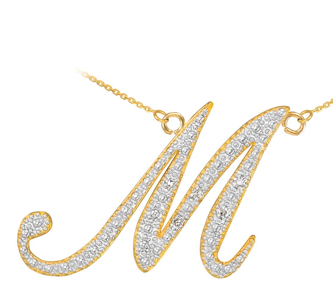 Sideways Crosses Double-Mounted 14k Yellow Gold Diamond Script Initial Letter M Pendant Necklace, 16"