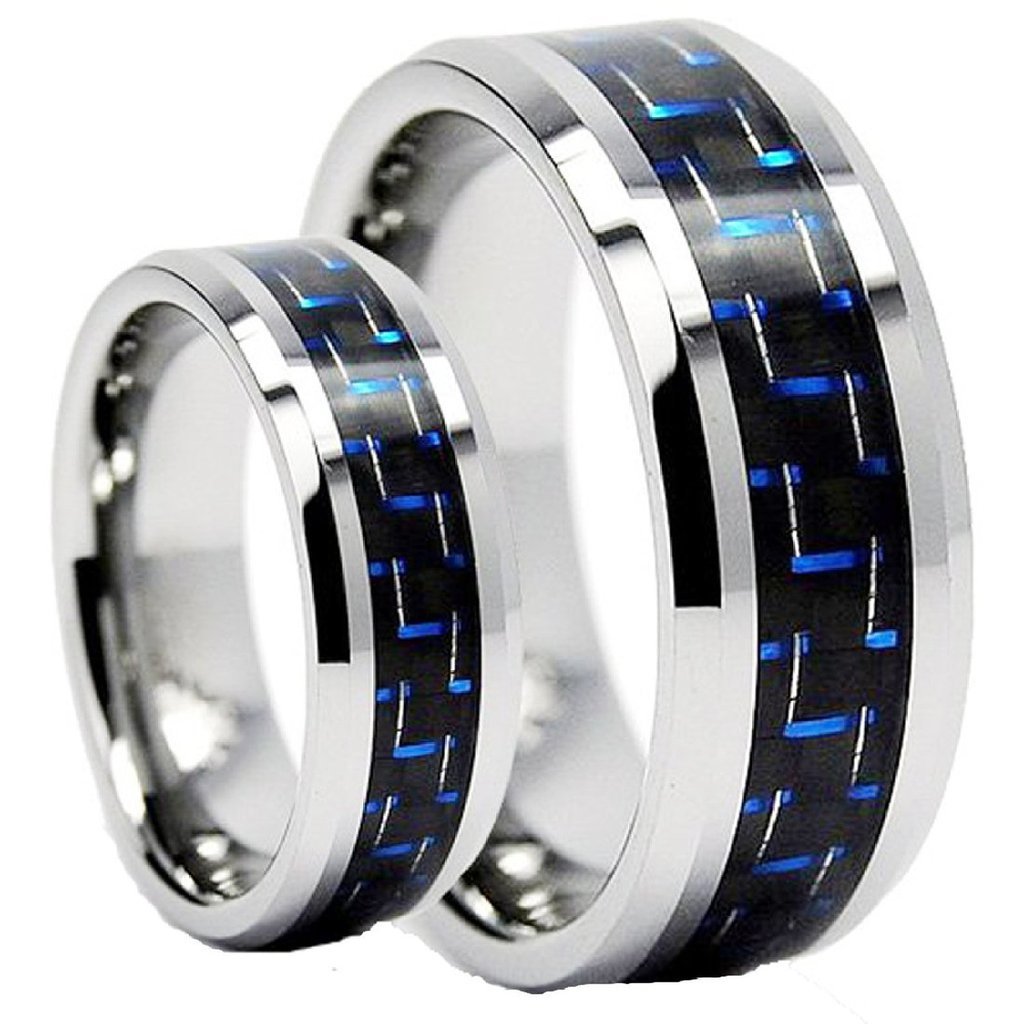 His & Hers Tungsten Carbide Engagement Wedding Band Ring Set, Blue Carbon Fiber Inlay