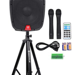 Rockville RAM12BT 12" Rechargeable Powered 600W PA Speaker+2 Mics+Bluetooth+Stand