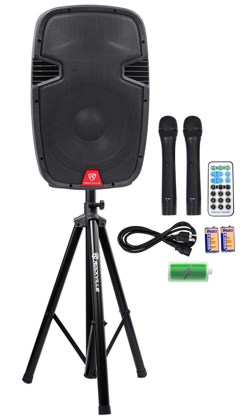 Rockville RAM12BT 12" Rechargeable Powered 600W PA Speaker+2 Mics+Bluetooth+Stand