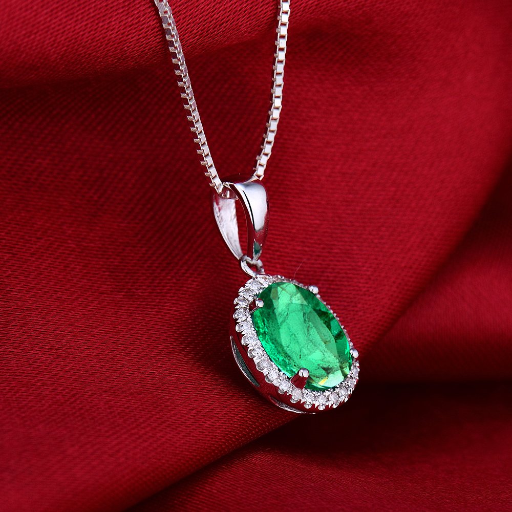 Lanmi 14K White Gold Natural Green Emerald Diamond Pendant Necklaces Engagement Valentine's day Gift for Women Valentine's Day Gift Promotion