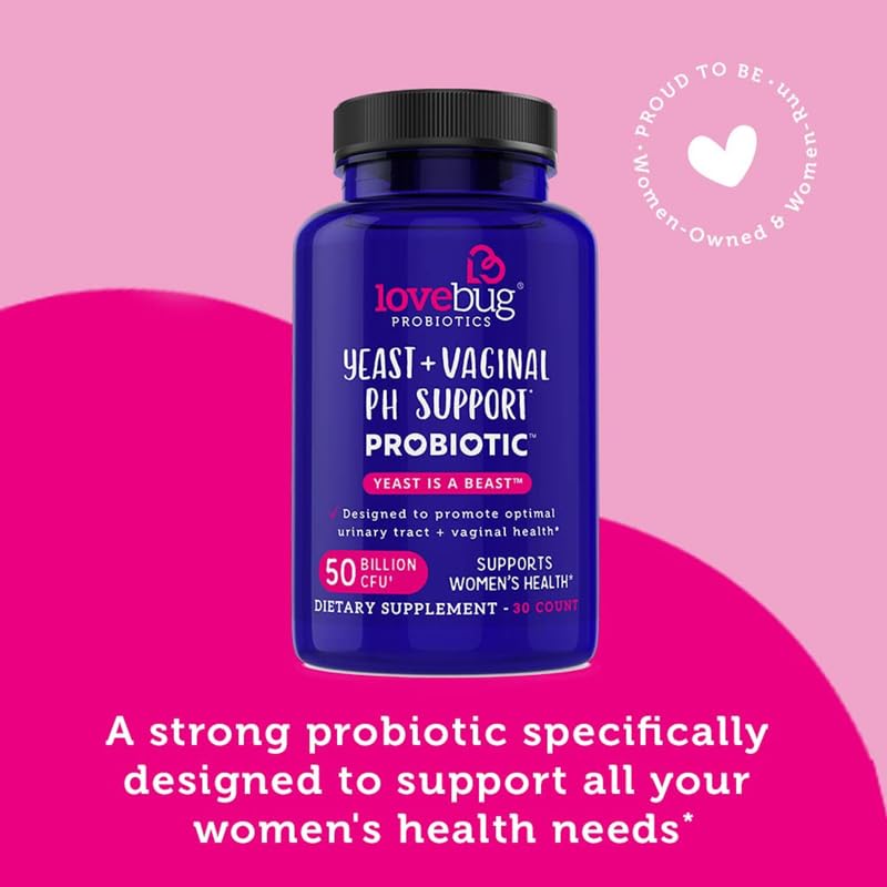 Lovebug Yeast + Vaginal pH Support | Clinically Studied Ingredients for Yeast & UTIs | Multi Strain 50 Billion CFU | 30 Capsules