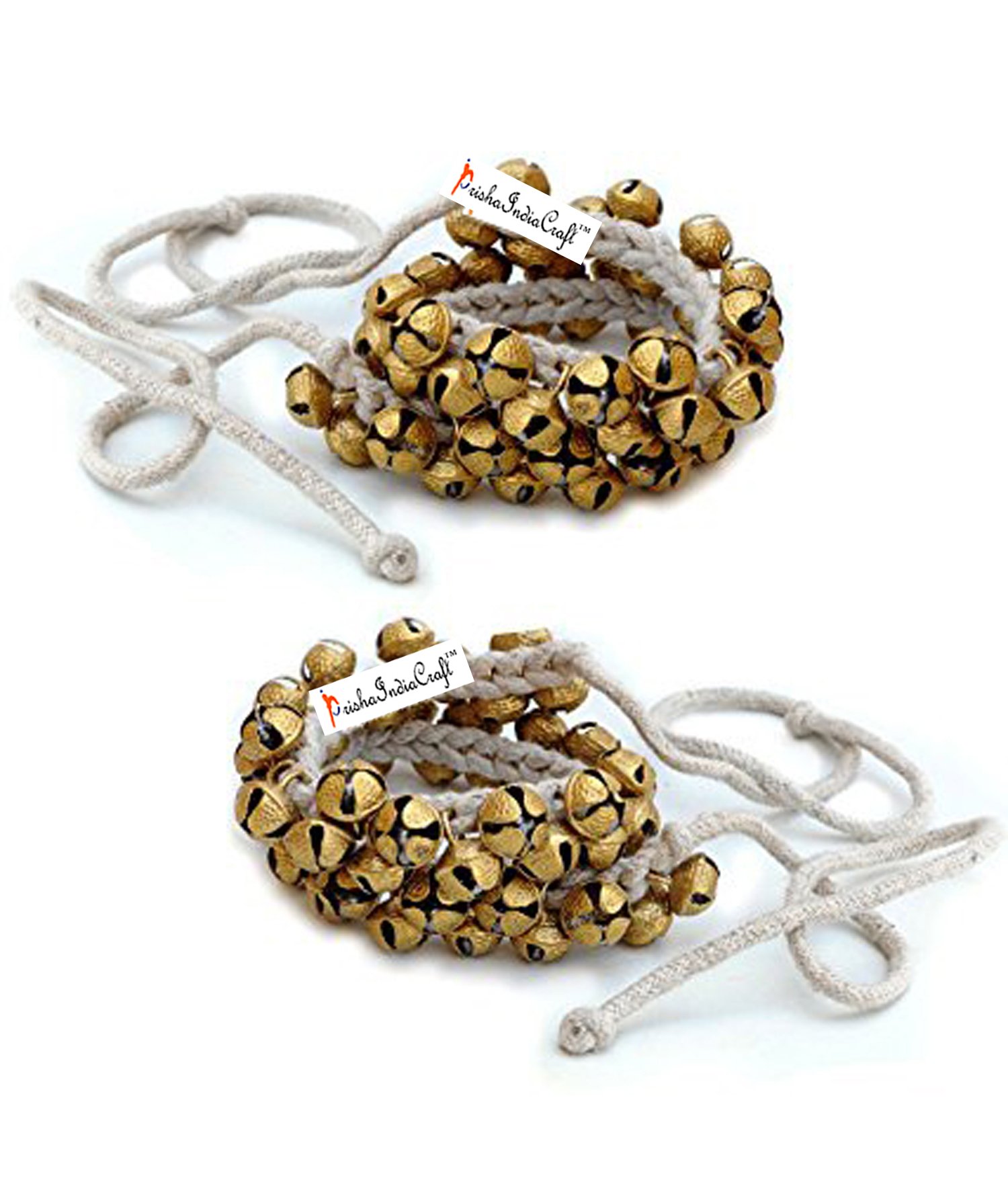 Prisha India Craft Kathak Ghungroo Pair, (25+25) (12 No. Ghungroo) Bells Tied with Cotton Cord Indian Classical Dancers Anklet Musical Instrument