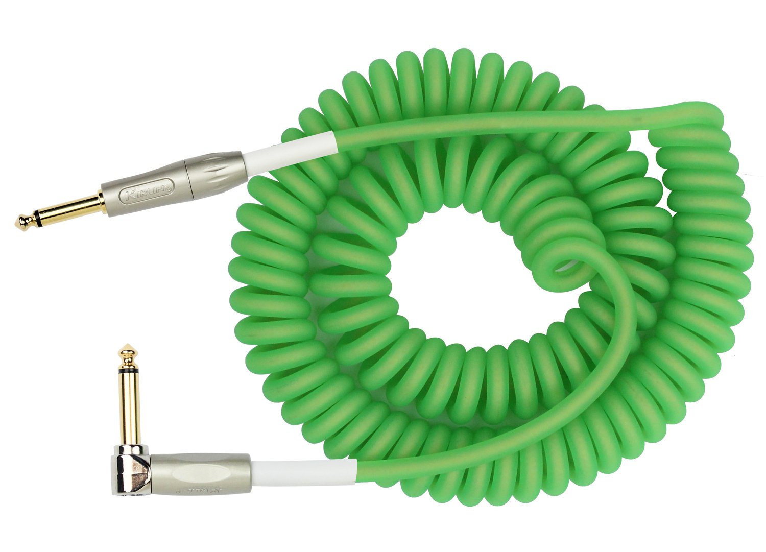 KIRLIN Cable Kirlin IMK-202PFGL-30/GRF-Straight to Right Angle ¼” Premium Coil Instrument Cable, Green Translucent PVC Jacket-30ft, 1/4" Mono Plug, (IMK-202PFGL-30/GRF)