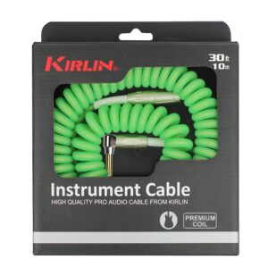 KIRLIN Cable Kirlin IMK-202PFGL-30/GRF-Straight to Right Angle ¼” Premium Coil Instrument Cable, Green Translucent PVC Jacket-30ft, 1/4" Mono Plug, (IMK-202PFGL-30/GRF)