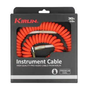 KIRLIN Cable Kirlin IMK-202PFGL-30/RDF-Straight Premium Coil Instrument Cable, Red Translucent PVC Jacket-30ft, 1/4" Mono Plug, Straight to Right Angle, (IMK-202PFGL-30/RDF)