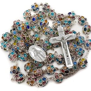 Nazareth Store Colorful Zirconia Crystal Beads Rosary Silver Catholic Necklace with Miraculous Medal Cross Crucifix Multicolor Rosaries in Velvet Bag