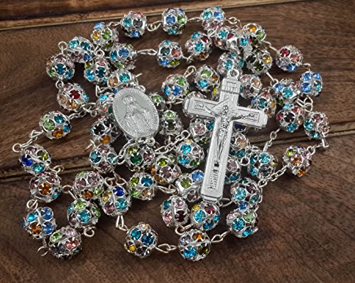 Nazareth Store Colorful Zirconia Crystal Beads Rosary Silver Catholic Necklace with Miraculous Medal Cross Crucifix Multicolor Rosaries in Velvet Bag