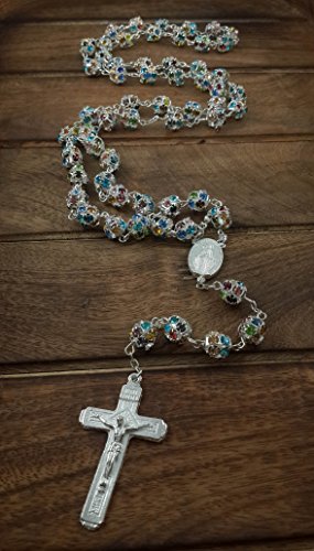 Nazareth Store Colorful Zirconia Crystal Beads Rosary Silver Catholic Necklace with Miraculous Medal Cross Crucifix Multicolor Rosaries in Velvet Bag