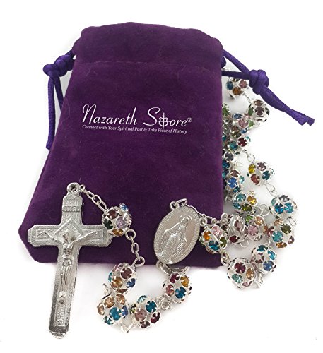 Nazareth Store Colorful Zirconia Crystal Beads Rosary Silver Catholic Necklace with Miraculous Medal Cross Crucifix Multicolor Rosaries in Velvet Bag