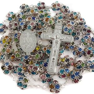 Nazareth Store Colorful Zirconia Crystal Beads Rosary Silver Catholic Necklace with Miraculous Medal Cross Crucifix Multicolor Rosaries in Velvet Bag