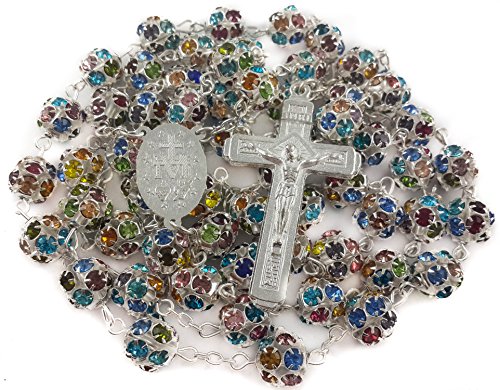 Nazareth Store Colorful Zirconia Crystal Beads Rosary Silver Catholic Necklace with Miraculous Medal Cross Crucifix Multicolor Rosaries in Velvet Bag