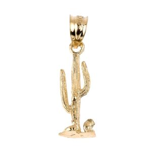 Solid 14k Yellow Gold Cactus Charm Pendant