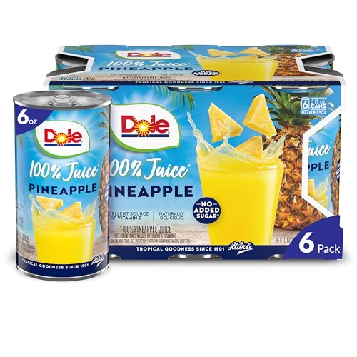 Dole 100% Pineapple Juice, No Added Sugar, Excellent Source of Vitamin C, 100% Fruit Juice, 6 Fl Oz (Pack of 6), Packaging May Vary