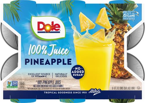 Dole 100% Pineapple Juice, No Added Sugar, Excellent Source of Vitamin C, 100% Fruit Juice, 6 Fl Oz (Pack of 6), Packaging May Vary