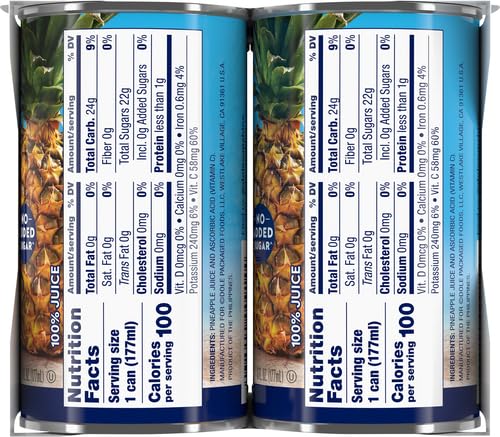 Dole 100% Pineapple Juice, No Added Sugar, Excellent Source of Vitamin C, 100% Fruit Juice, 6 Fl Oz (Pack of 6), Packaging May Vary