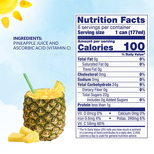 Dole 100% Pineapple Juice, No Added Sugar, Excellent Source of Vitamin C, 100% Fruit Juice, 6 Fl Oz (Pack of 6), Packaging May Vary