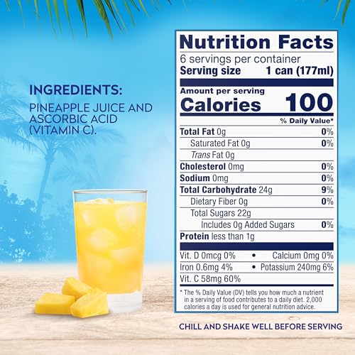 Dole 100% Pineapple Juice, No Added Sugar, Excellent Source of Vitamin C, 100% Fruit Juice, 6 Fl Oz (Pack of 6), Packaging May Vary