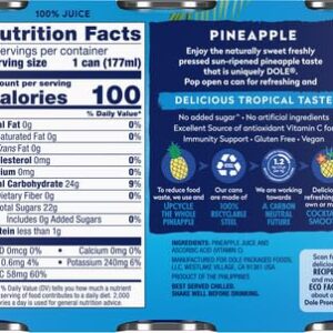 Dole 100% Pineapple Juice, No Added Sugar, Excellent Source of Vitamin C, 100% Fruit Juice, 6 Fl Oz (Pack of 6), Packaging May Vary