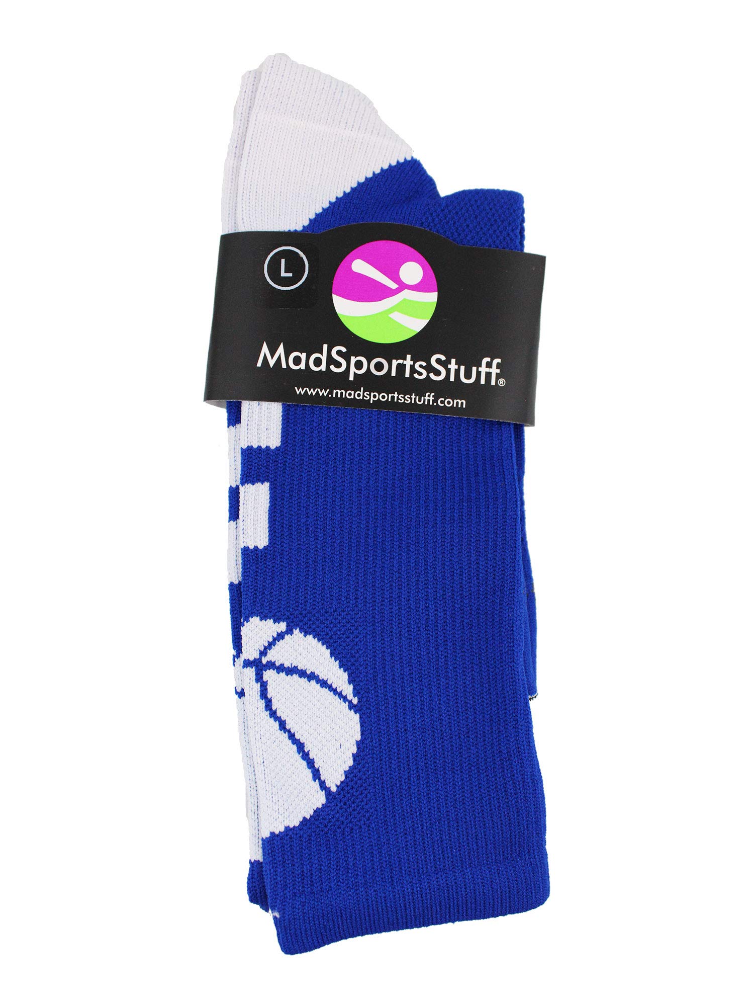 MadSportsStuff Basketball Socks with Basketball Logo Crew Socks (Royal/White, Small)