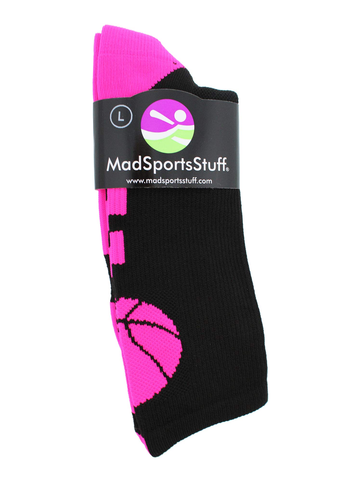 MadSportsStuff Basketball Socks with Basketball Logo Crew Socks (Black/Neon Pink, Small)