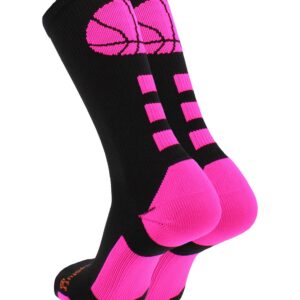 MadSportsStuff Basketball Socks with Basketball Logo Crew Socks (Black/Neon Pink, Small)