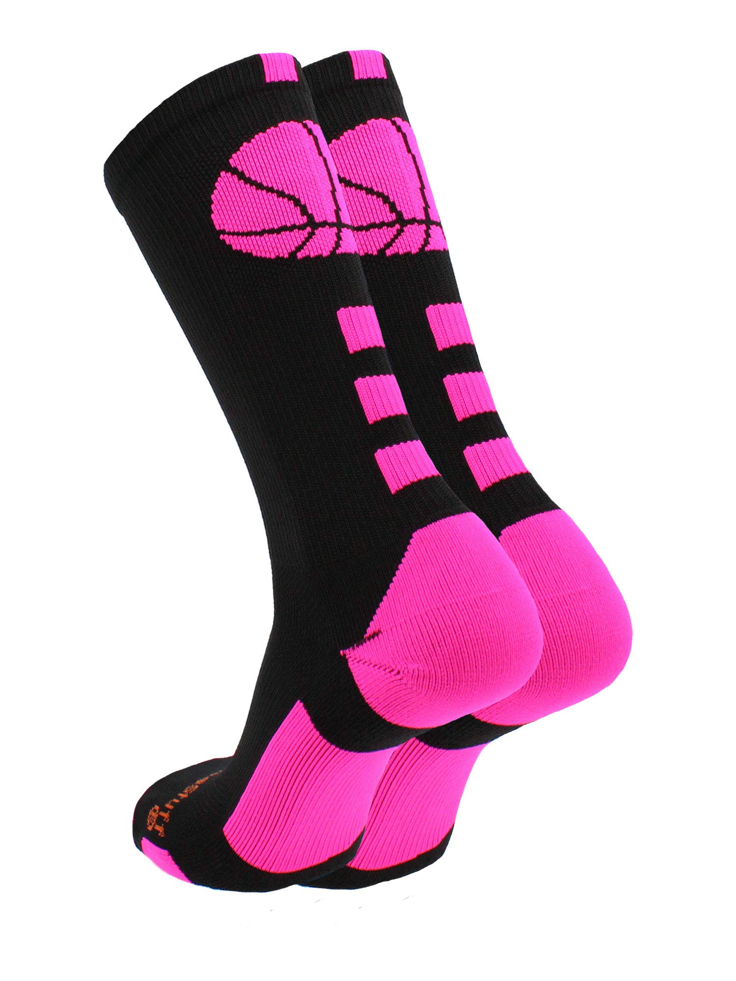 MadSportsStuff Basketball Socks with Basketball Logo Crew Socks (Black/Neon Pink, Small)