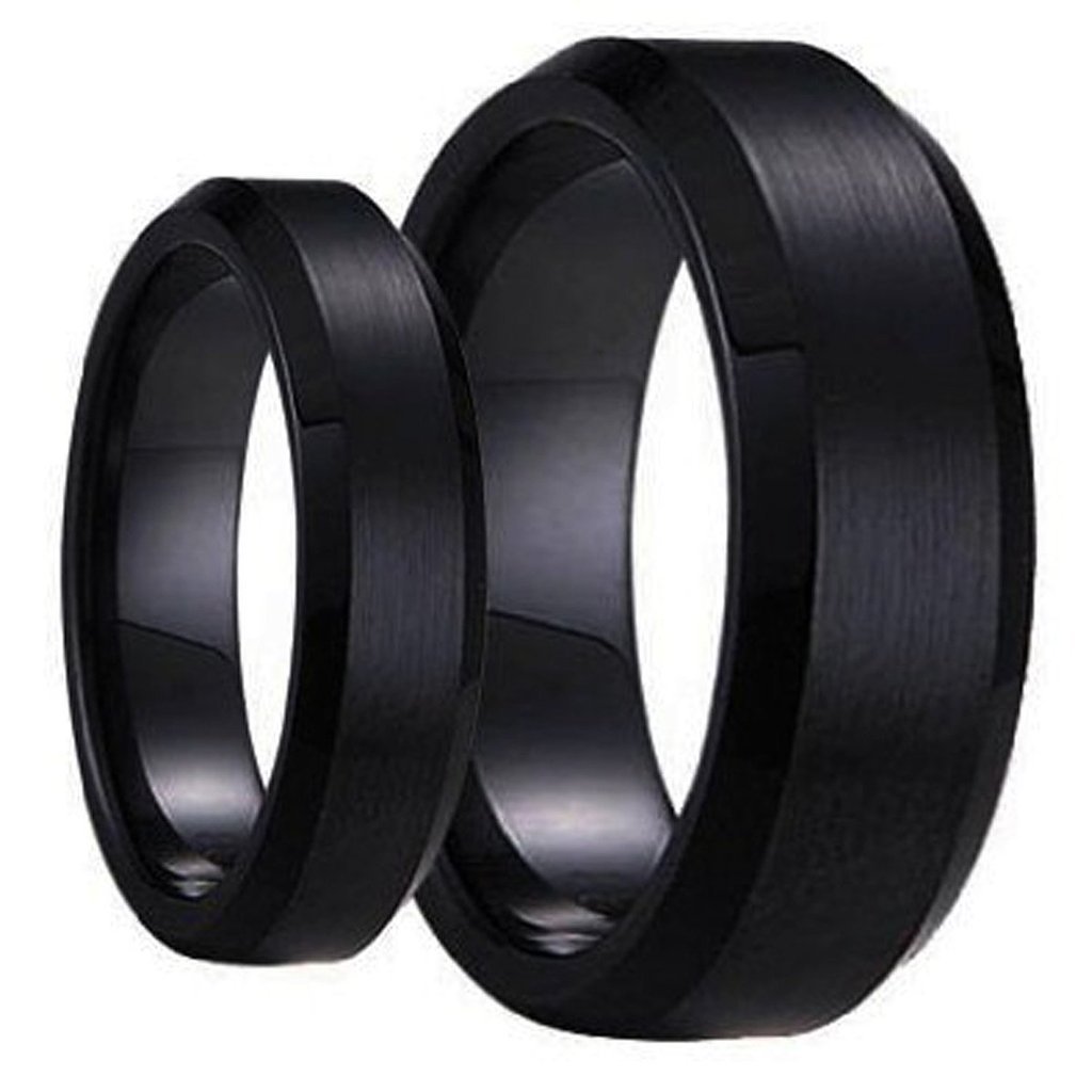 Ring for Men and Ring for Women Swinger Black Ring Set His & Her's Matching 6mm / 8mm Black Brushed Center with Polished Edge Tungsten Carbide Wedding and engagement bridal Band Set