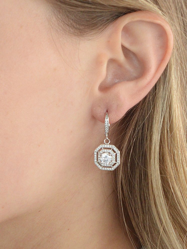 Mariell Art Deco Vintage Wedding CZ Dangle Bridal Earrings with Pave Octagon Drops