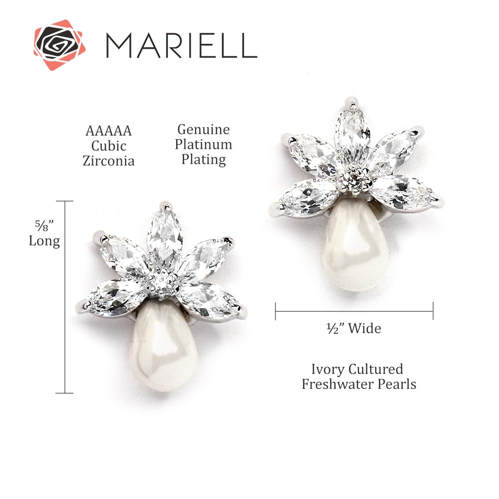 Mariell Freshwater Pearl and Cubic Zirconia Crystal Bridal Earrings. Pearl Wedding Earrings for Brides, Bridesmaids and Mother of the Bride