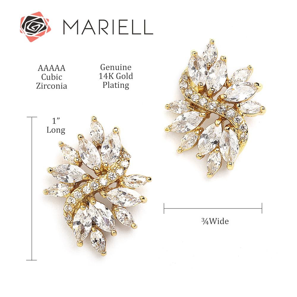 Mariell Gold Cubic Zirconia Bridal Earrings, Silver Platinum Plating, CZ Crystal Wedding Earrings for Brides, Bridesmaids, Prom, Homecoming and Mother of the Bride