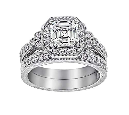 Amazon Essentials Platinum Plated Sterling Silver Infinite Elements Cubic Zirconia Asscher Antique Ring, Size 9 (previously Amazon Collection)