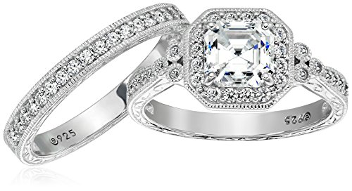 Amazon Essentials Platinum Plated Sterling Silver Infinite Elements Cubic Zirconia Asscher Antique Ring, Size 9 (previously Amazon Collection)